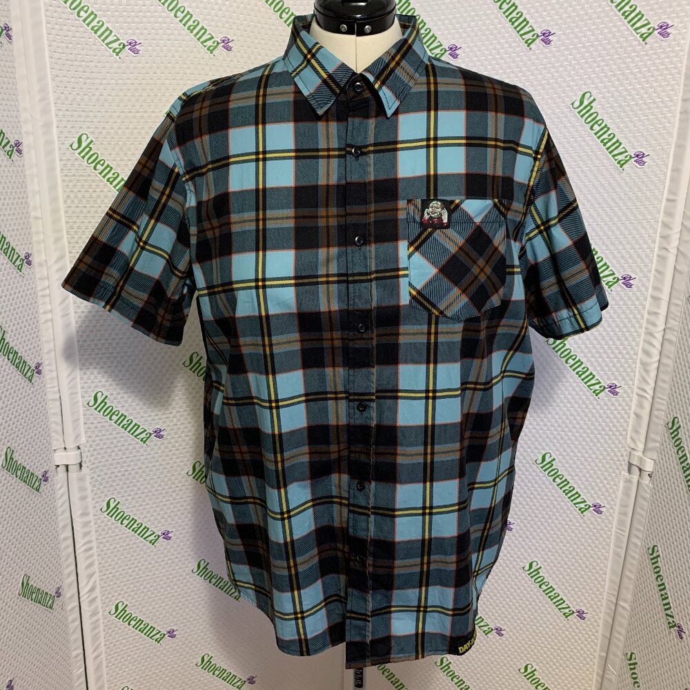 Middle Of Beyond Button Down Shirt Day Of The Dead MOB Plaid Zombie Blue Mens XL